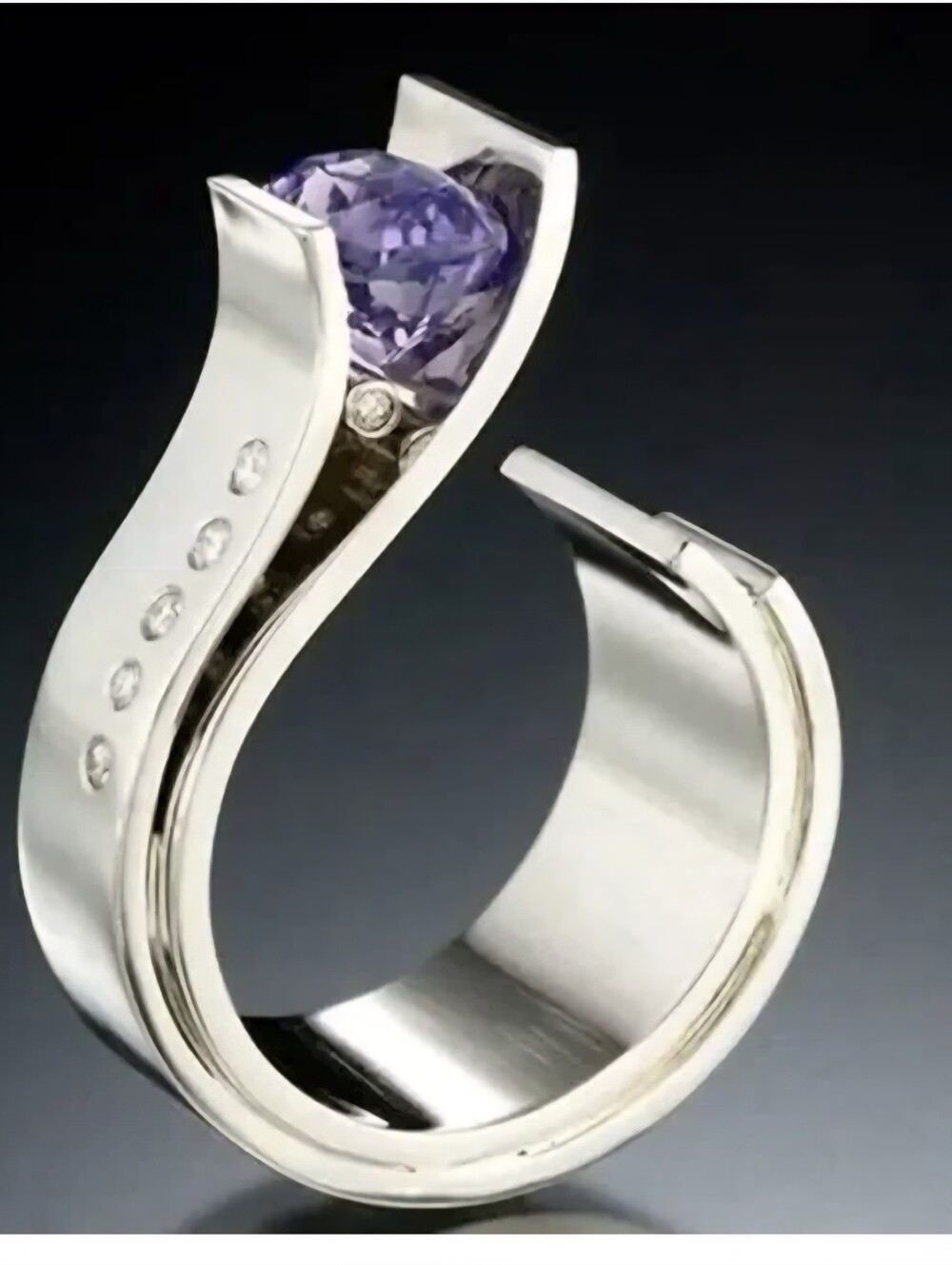 Unique Silver,  Purple And White Crystal Wave Ring - Purple